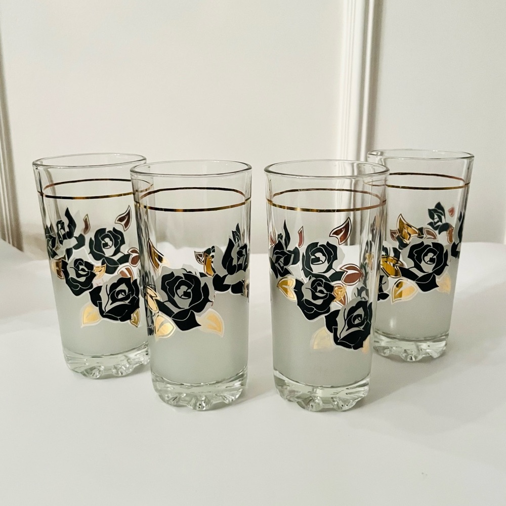 4 x vintage MCM Gold & black rose glasses